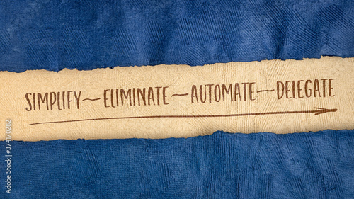 business productivity and lifestyle concept: simplify, eliminate, automate and delegate, handwriting on a handmade bark paper, web banner
