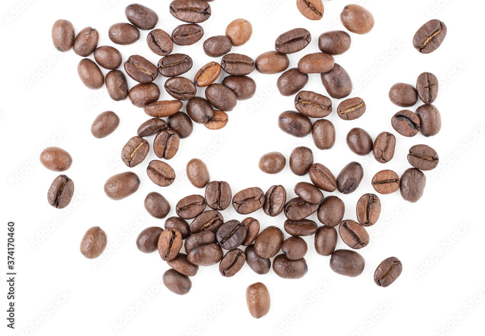 Naklejka premium coffee beans on a white background, top view