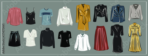White blouse, powdery silk shirt, a black and white turtleneck, leather skirt, fall long skirt, black lace top. Oversize. Fashion. The basic wardrobe of a minimalist. Autumn clothes. Set. Isolated.