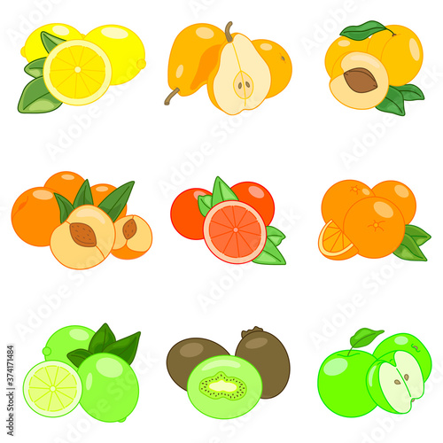 Fototapeta Naklejka Na Ścianę i Meble -  Set of vector color icons with fruits. Collection colorful illustrations with contour. Color scheme yellow, red, green. White background
