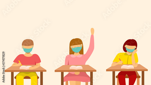Back to school after COVID-19 pandemic. Students wearing face mask in the classroom. Safety policy for school to protect from infection to children. Vector illustration. Flat illustration
