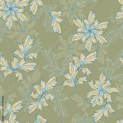 Blue flowers on a green background, oriental seamless textile pattern for fabric, wallpaper and paper. Floral vector illustration.