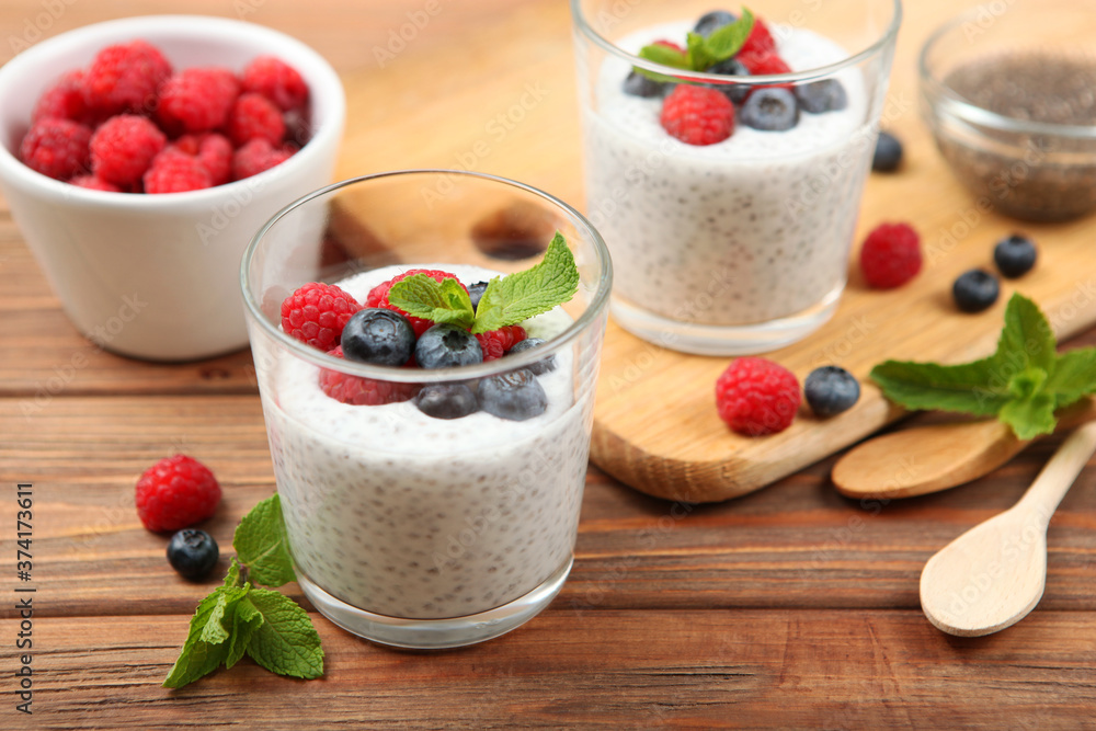chia pudding with natural yogurt and fresh berries close-up on the table.
chia pudding with natural yogurt and fresh berries close-up on the table.