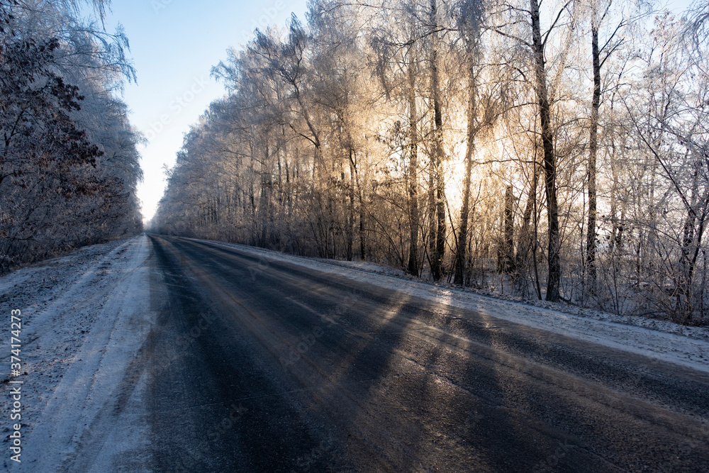 Winter snow road background. Forest landscape. Winter snow road background. Forest landscape.