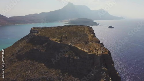 Drone aerial orbit view Gramvousa castle and balos mpalos Crete Greece photo