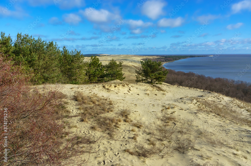 High sand dunes. Picturesque sea shores. Curonian Spit on the Baltic Sea. High sand dunes. Picturesque sea shores. Curonian Spit on the Baltic Sea.