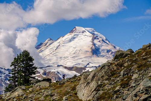 A snow-capped Mt. Baker looms over the Herman saddle pass hiking trail