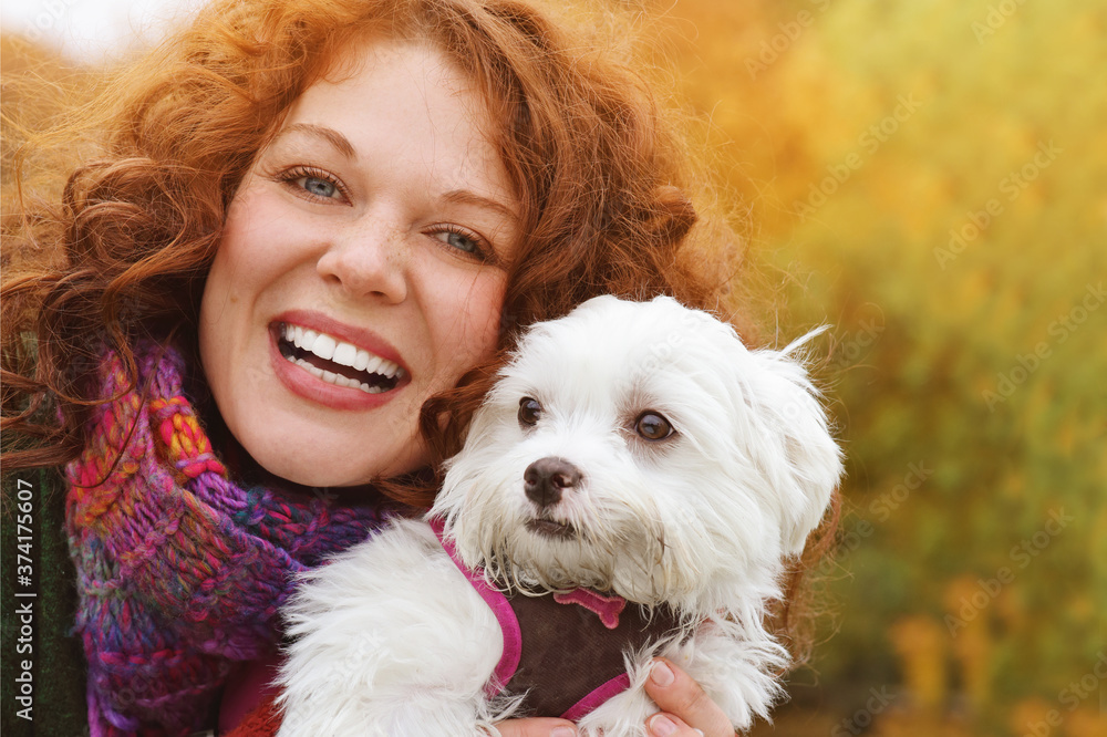 jeune et jolie femme rousse dans un parc arboré en automne avec des feuilles mortes et un petit chien de race bichon jeune et jolie femme rousse dans un parc arboré en automne avec des feuilles mortes et un petit chien de race bichon