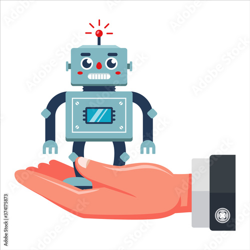 man holds in his palm a child's toy robot on a white background. flat vector character illustration