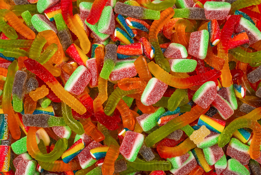 Assorted gummy candies. Top view. Jelly  sweets background.