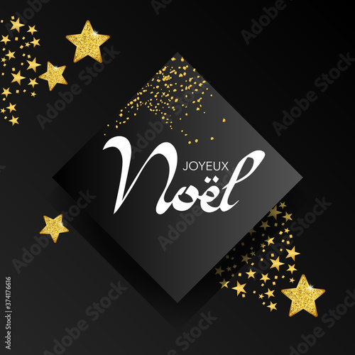 2021- carte carrée noire pour souhaiter Noël décorée d’un graphisme élégant d’étoiles scintillantes or.
