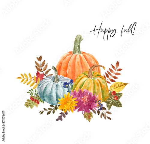 Watercolor pumpkin arrangement with fall flowers and foliage on white backgro...