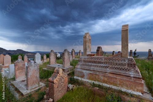 Ancient muslim cemetery on a stormy day in Mardin, Turkey.