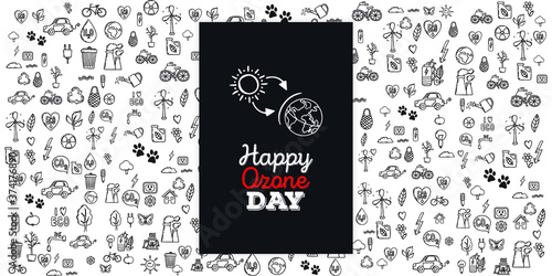 Set of Hand draw Ozone day Doodle backgrounds. Objects from a Environment and Earth.