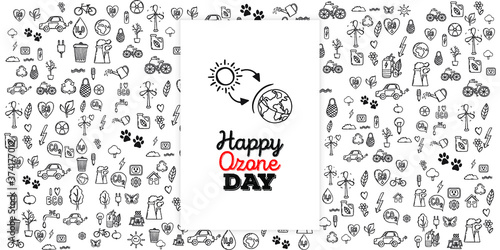 Set of Hand draw Ozone day Doodle backgrounds. Objects from a Environment and Earth.