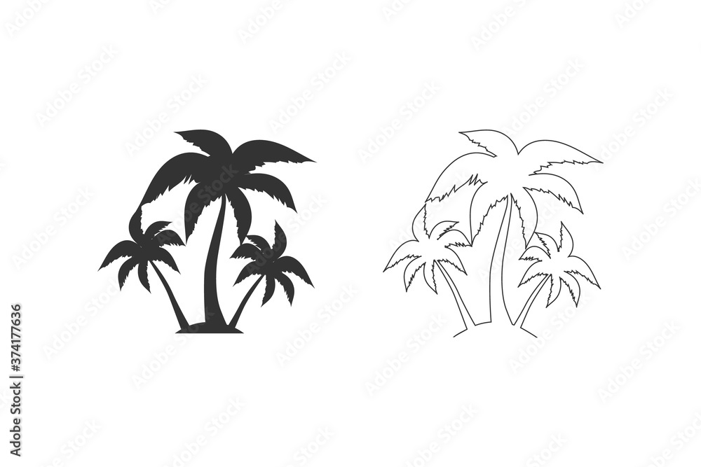 Palm tree silhouette line icon set. simple flat vector illustration