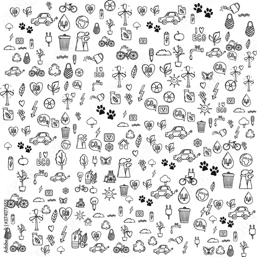 Set of Hand draw Ozone day Doodle backgrounds. Objects from a Environment and Earth.