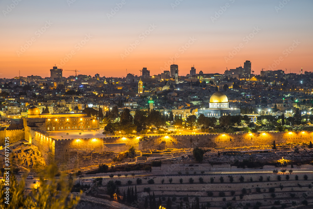Panorama of Jerusalem from the Mount of Olives at night in Israel