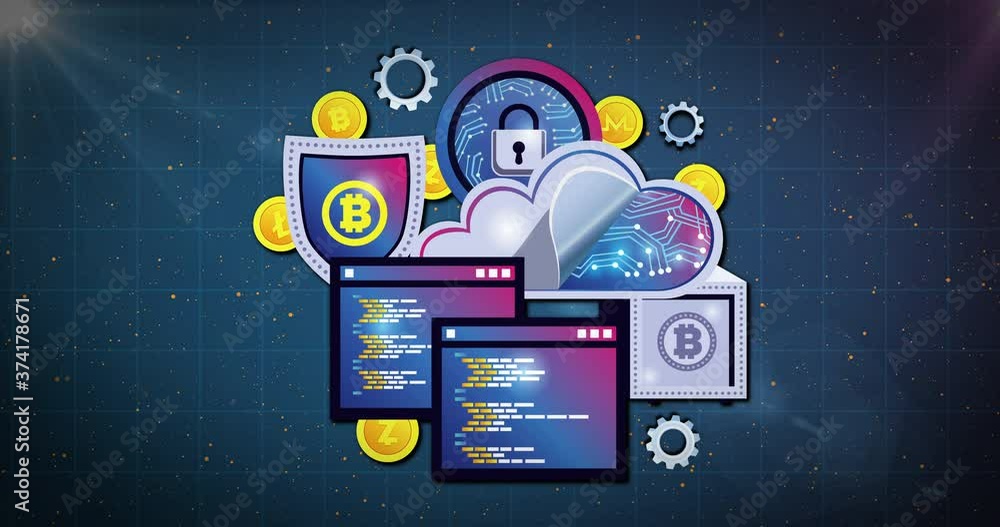 Bitcoin, cloud and digital screen icons against blue background Bitcoin, cloud and digital screen icons against blue background