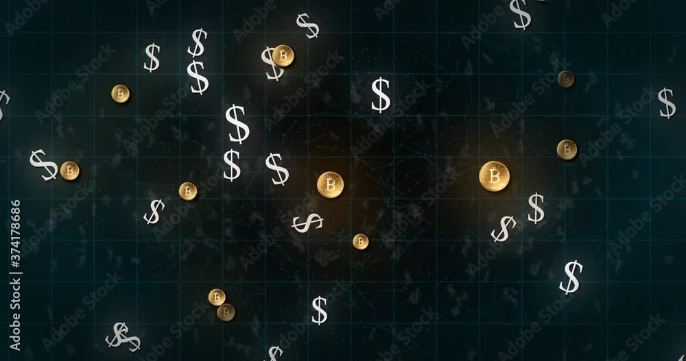 American dollar symbol and bitcoin symbols moving over grid against black background American dollar symbol and bitcoin symbols moving over grid against black background