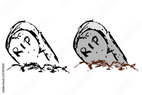 Simple Vector Doodle Hand Draw Sketch, Christian Stone Grave and grass, Isolated on White
