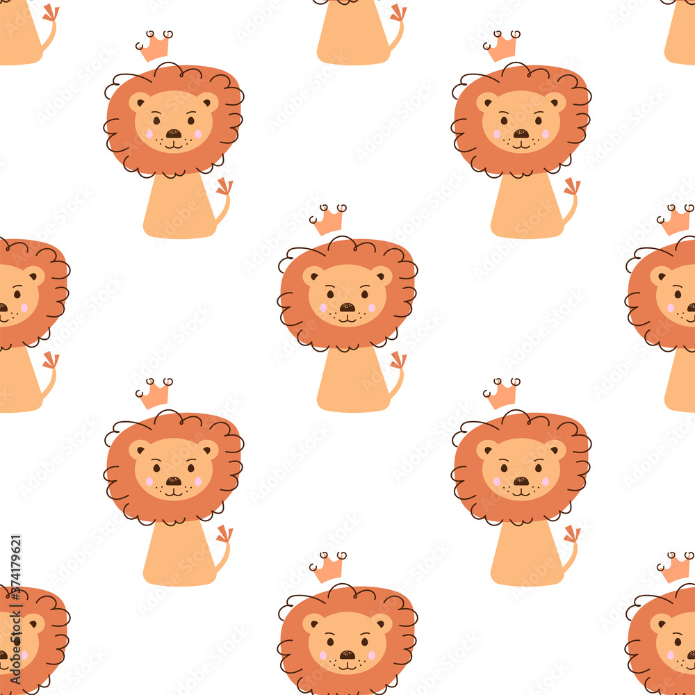Seamless pattern of a cute funny lions in a crown. Vector illustration on a white background. Scandinavian style flat design. Concept for children print.