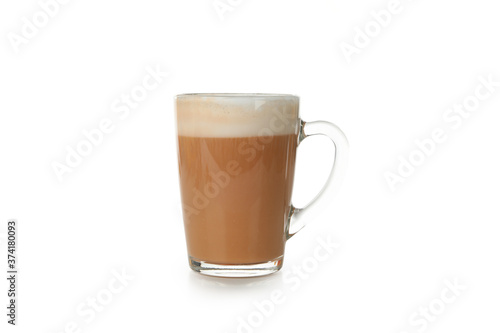 Glass cup of pumpkin latte isolated on white background