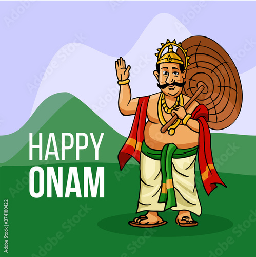 Kerala Onam Festival Mahabali also kown Maveli in Green field with Happy Onam Text photo