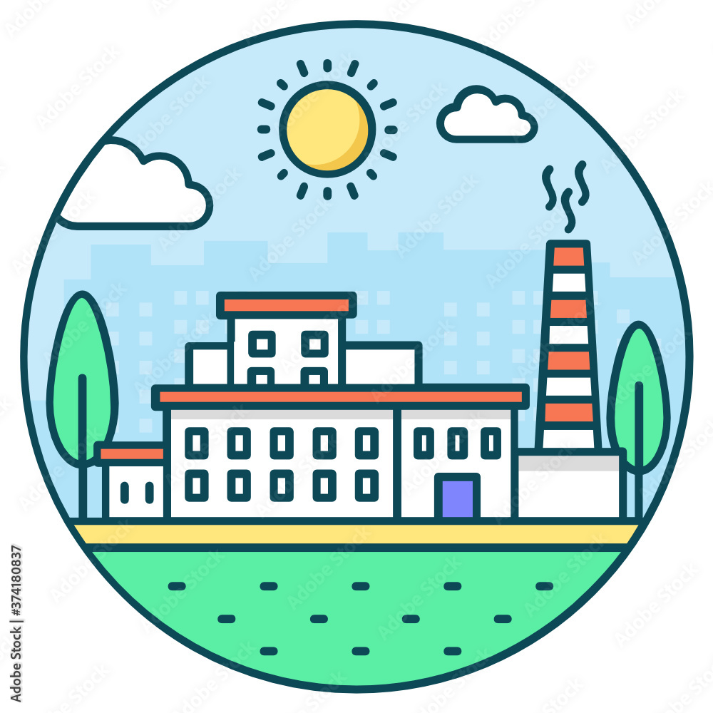
Building with chimney depicting factory area icon in flat style

