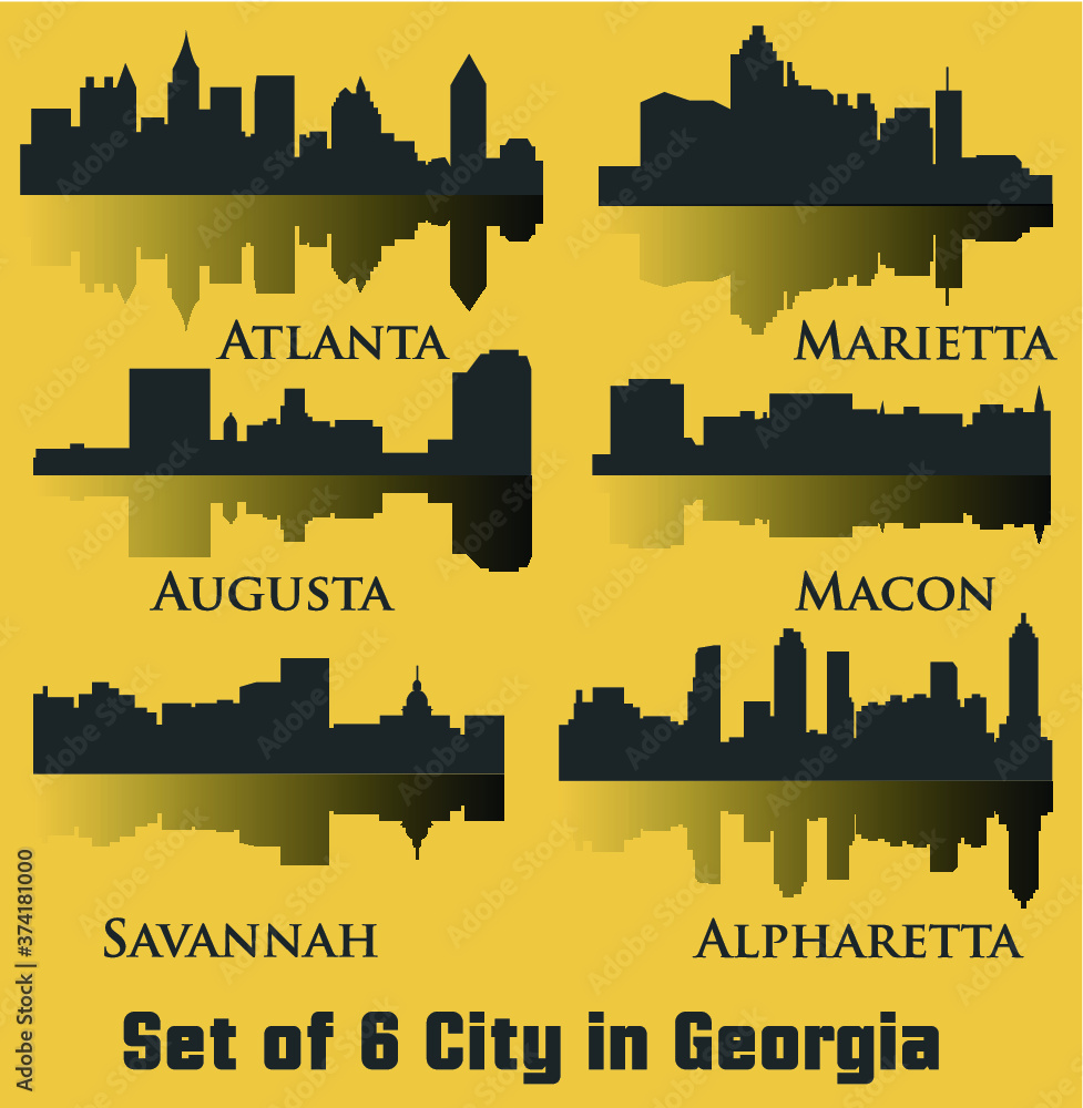 6 City silhouette in Georgia (Atlanta, Augusta, Alpharetta, Savannah, Macon, Marietta)