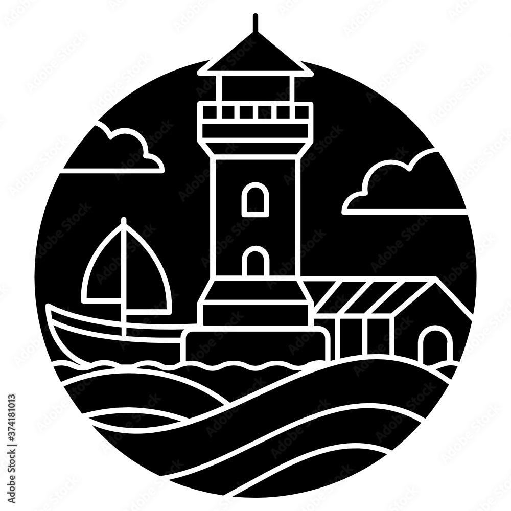 
Sea navigational light signals, lighthouse icon in solid vector
