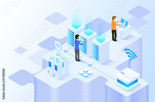 data center or server room processing data operation with security protection and maintenance with isometric design style - vector