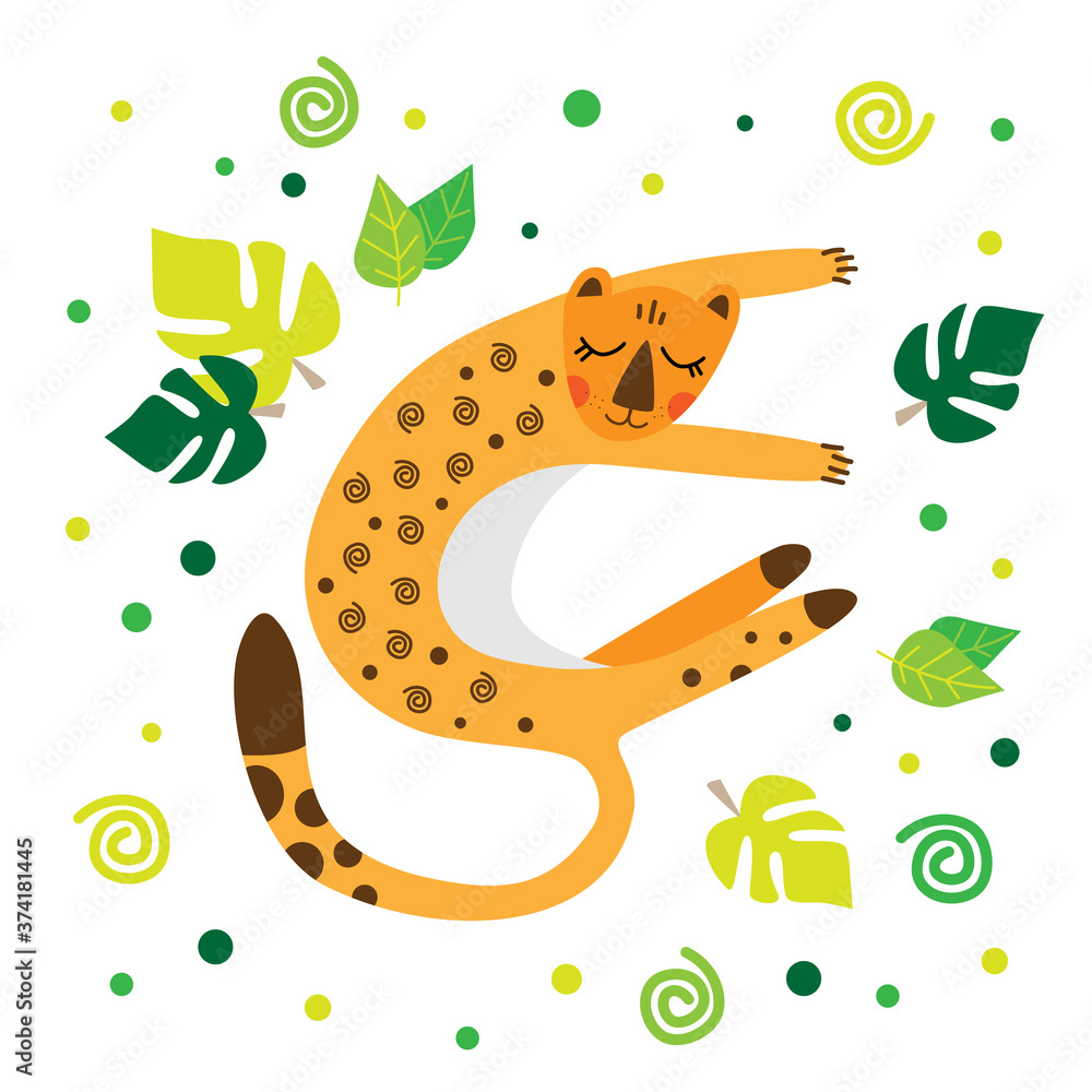 A leopard in a cartoon style lies in a clearing. Leopard on a white background with leaves. African animals. A leopard in a cartoon style lies in a clearing. Leopard on a white background with leaves. African animals.