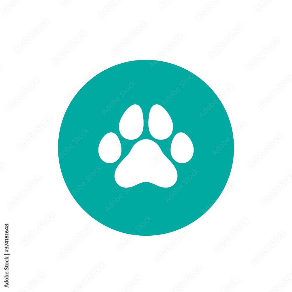 white cat trace in blue circle. icon isolated on white. Vector flat illustration. white cat trace in blue circle. icon isolated on white. Vector flat illustration.