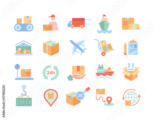 Large set of delivery icons for packages showing shipping, deliverymen, transport logistics and tracking, colored vector illustration