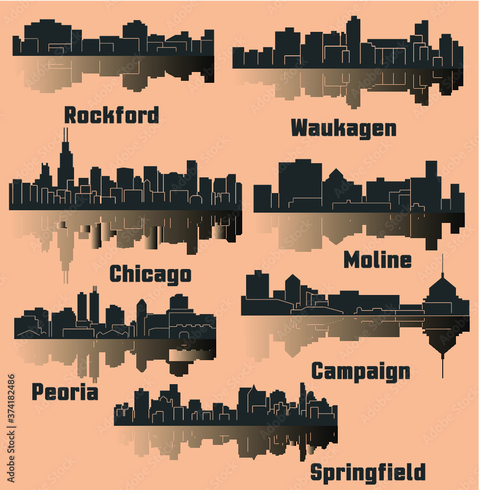 Fototapeta premium Set of 7 City in Illinois (Chicago, Peoria, Campaign, Waukagen, Rockford, Springfield, Moline)