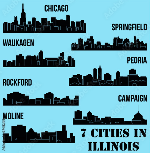 Set of 7 City in Illinois (Chicago, Peoria, Campaign, Waukagen, Rockford, Springfield, Moline) photo