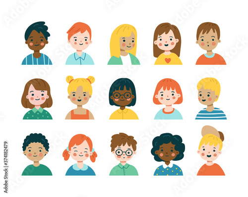 Kids portraits set. Vector illustration of cute children's faces in flat cartoon style. Collection of avatars. Elements are isolated.