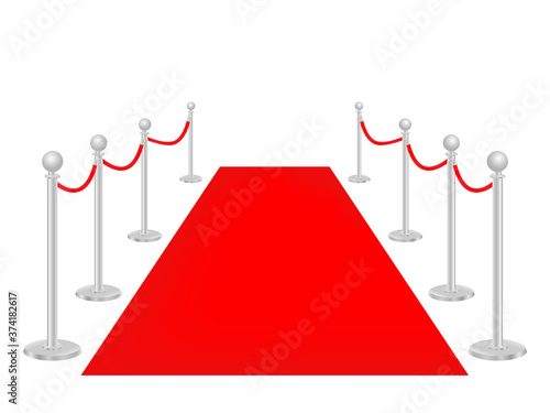 Red carpet with silvery barriers for event or party. Grand opening. VIP ceremony celebration design for celebrity. 