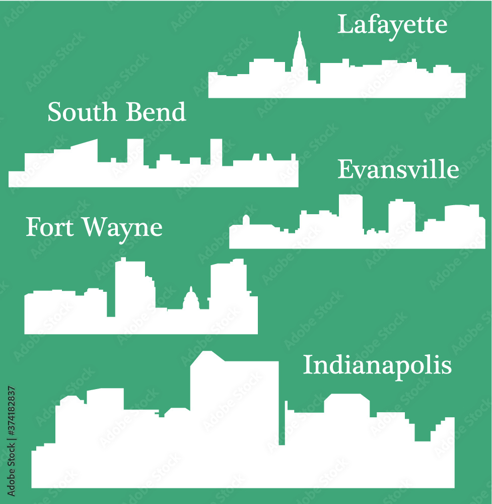 Set of 5 City silhouette in Indiana (Indianapolis, South Bend, Lafayette, Fort Wayne, Evansville) Set of 5 City silhouette in Indiana (Indianapolis, South Bend, Lafayette, Fort Wayne, Evansville)
