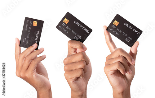 Hand holding credit card isolated on white	