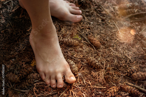 Child's feet in summer on a coniferous forest mat without shoes close-up