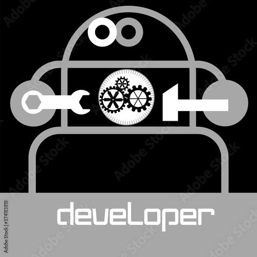  Developer. Icon.
Monochrome, flat, symbolic image in the form of a two-legged mechanical device.
