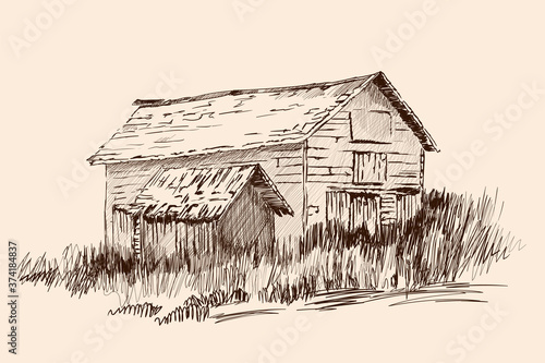 An old abandoned village house with a small barn overgrown with grass. Hand sketch on a beige background.