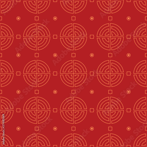 Seamless ornaments. East traditional stylized pattern. Gold symbol on a red background. Fine lines for wrapping paper, textile, decorating banners. Vector illustration of endless texture