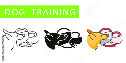 dog traning, icons set, dog practicing attack, protection