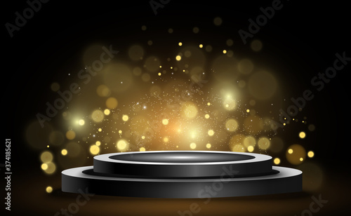 Round podium, pedestal or platform, illuminated by spotlights in the background. Vector illustration. Bright light. Light from above. Advertising place