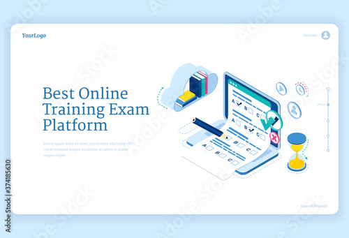 Best online training exam platform banner. Concept of internet learning, digital access to examination. Vector isometric illustration of laptop with checklist form, books and hourglass