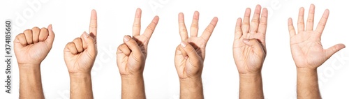five fingers count signs isolated on white background with Clipping path included. Communication gestures concept	
