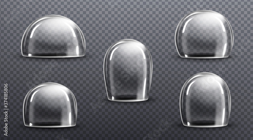 Glass or clear plastic domes. Vector realistic mockup of empty protection cover, acrylic bell jar. Exhibition display case, hemisphere shields isolated on transparent background